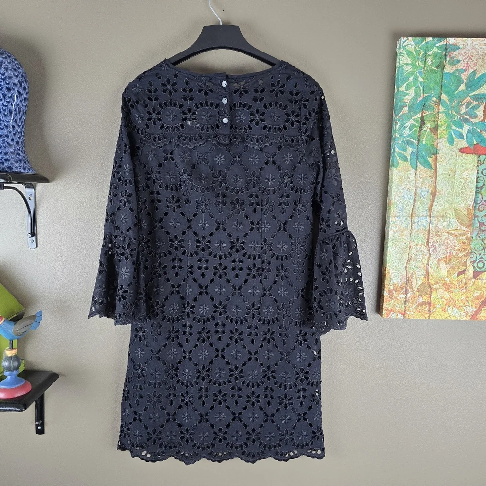 J.Crew Cora Lace Embroidered Eyelet Black Bell Sleeve Dress Size 0